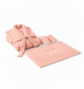 Premium bath set in salmon: bathrobe, slippers and bath mat