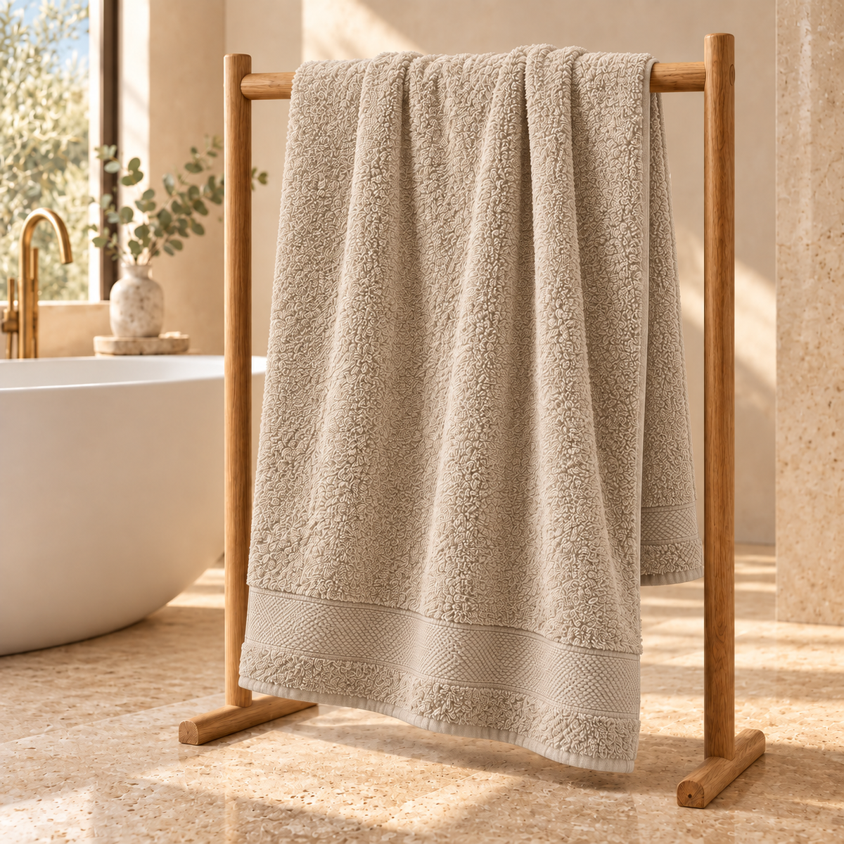 beige Sofia 90x160 cm cotton bath sheet – styled on an oak towel stand in a spa bathroom