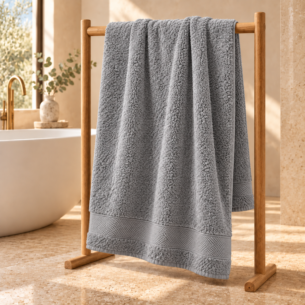 gray Sofia 90x160 cm cotton bath sheet – styled on an oak towel stand in a spa bathroom