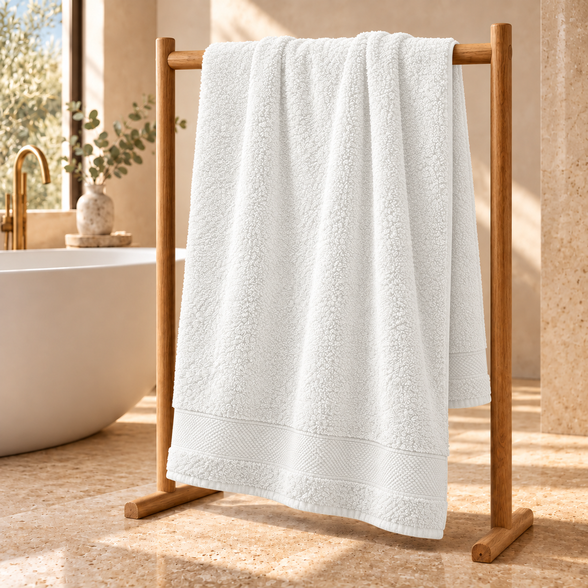 white Sofia 90x160 cm cotton bath sheet – styled on an oak towel stand in a spa bathroom