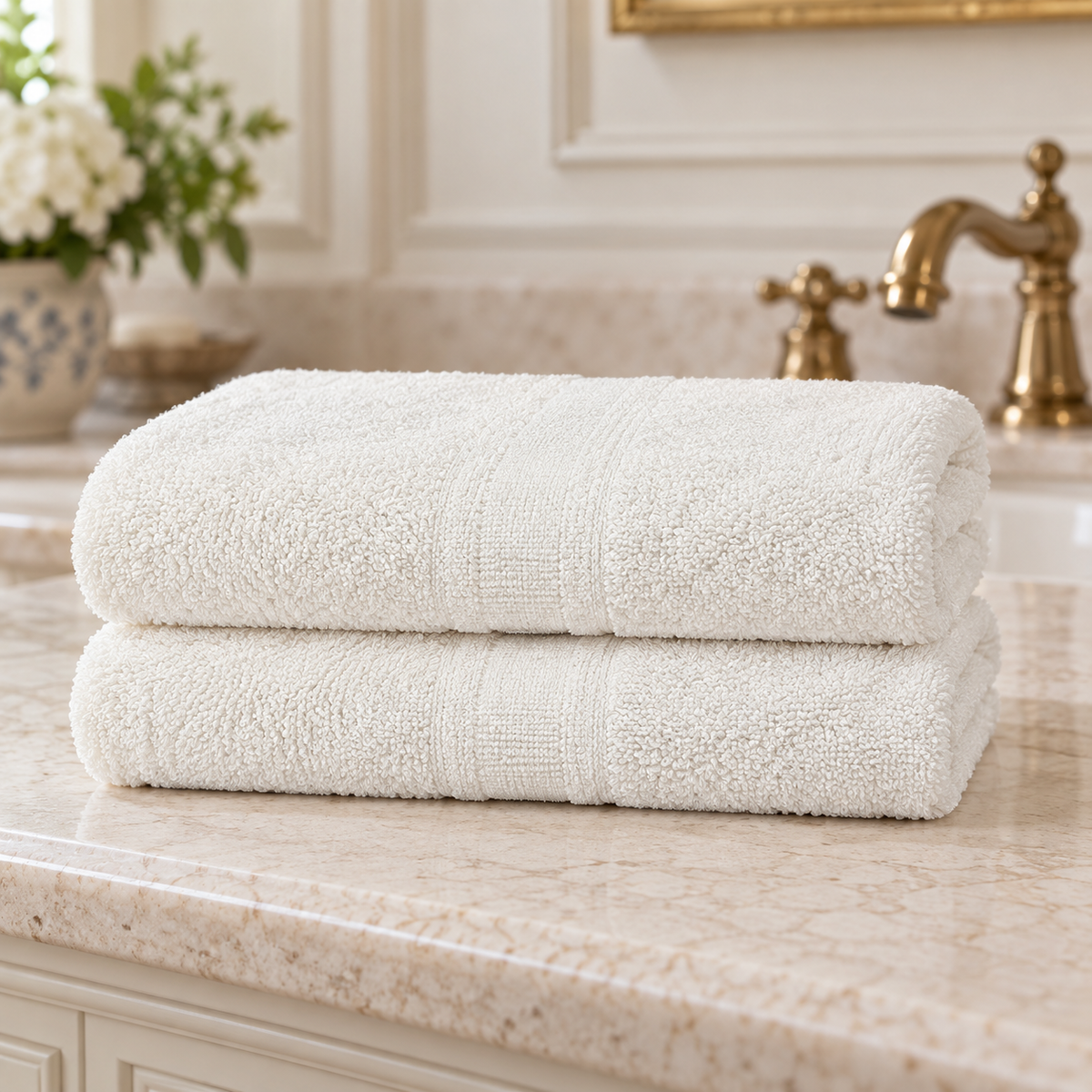 Two off-white towels, 50 x 90 cm, on marble vanity | Giza Cotton Hub